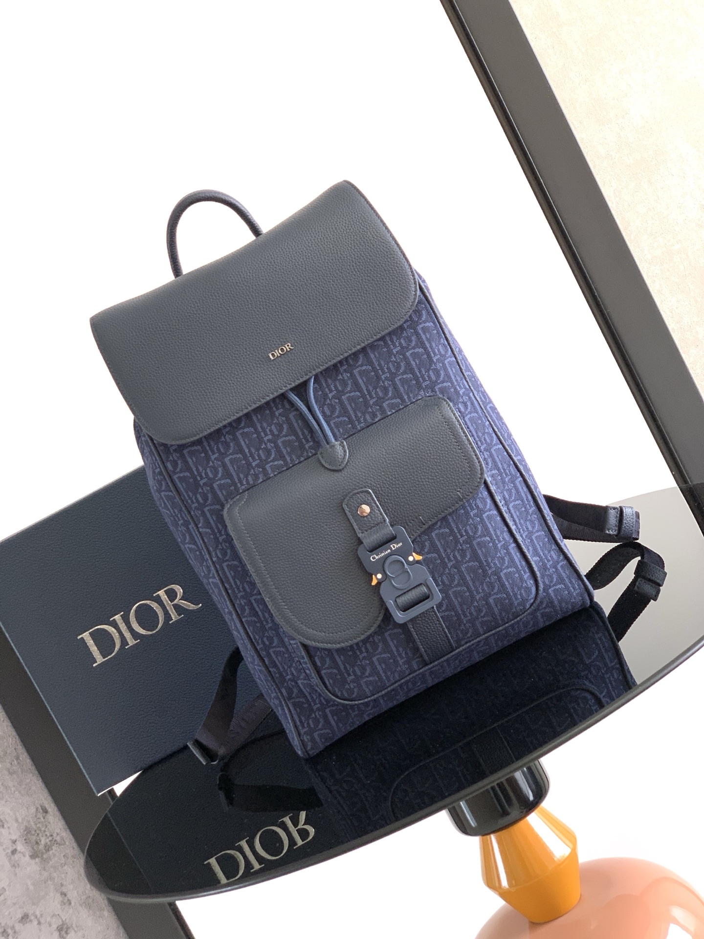 Bagsaaa D10r Saddle Backpack with Flap Navy Blue Oblique Jacquard and Navy Blue Grained Calfskin - 41cm