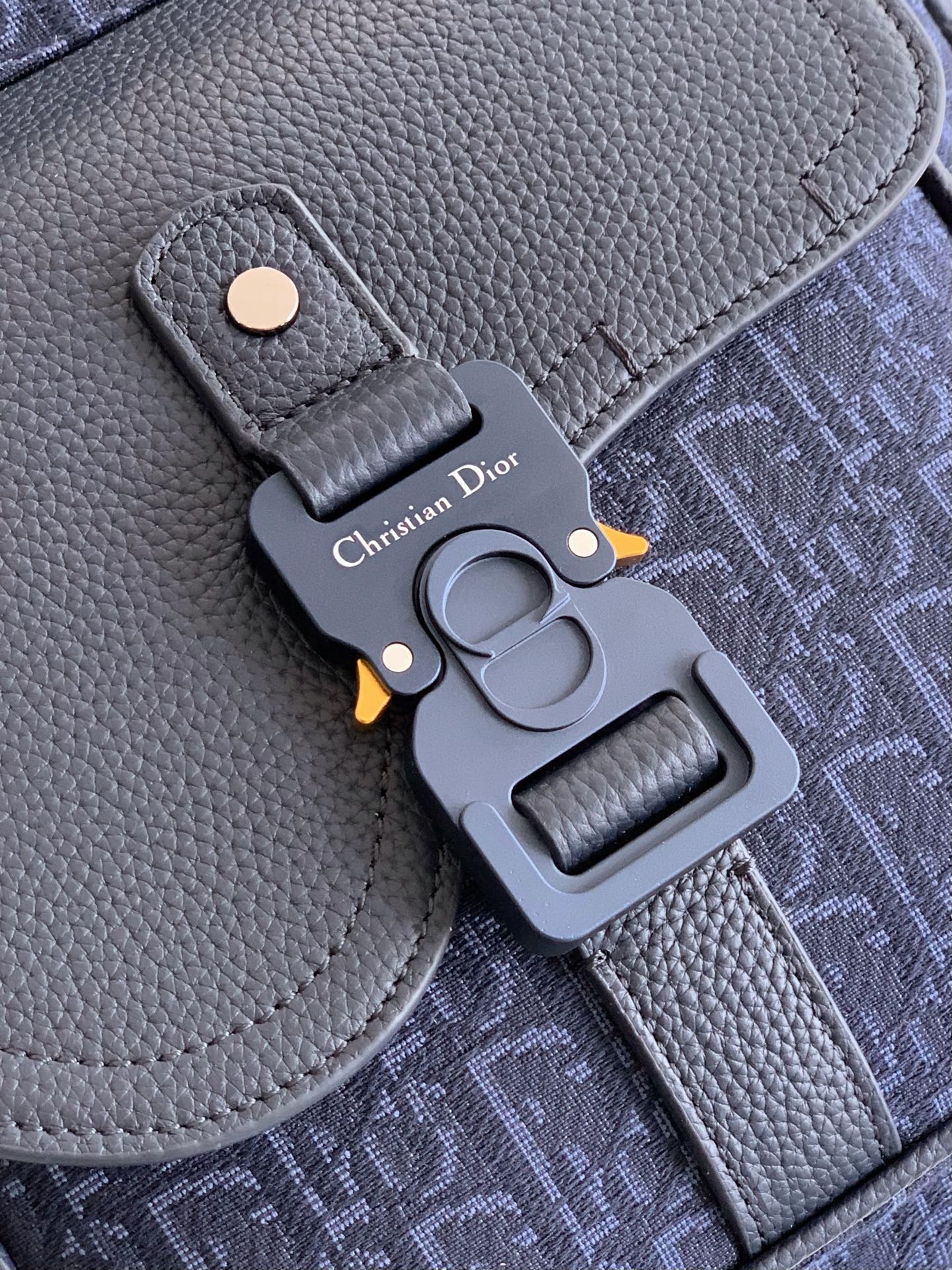 Bagsaaa D10r Saddle Backpack with Flap Navy Blue Oblique Jacquard and Navy Blue Grained Calfskin - 41cm