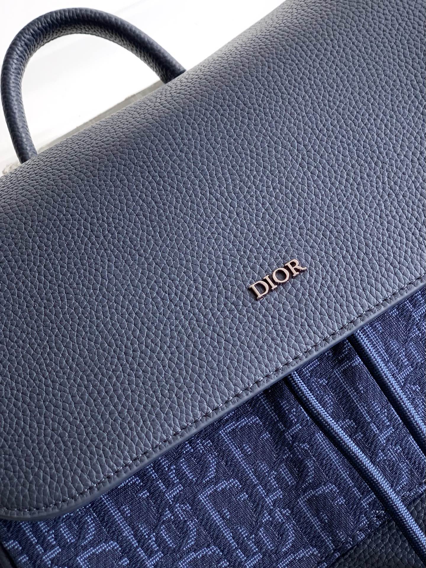Bagsaaa D10r Saddle Backpack with Flap Navy Blue Oblique Jacquard and Navy Blue Grained Calfskin - 41cm
