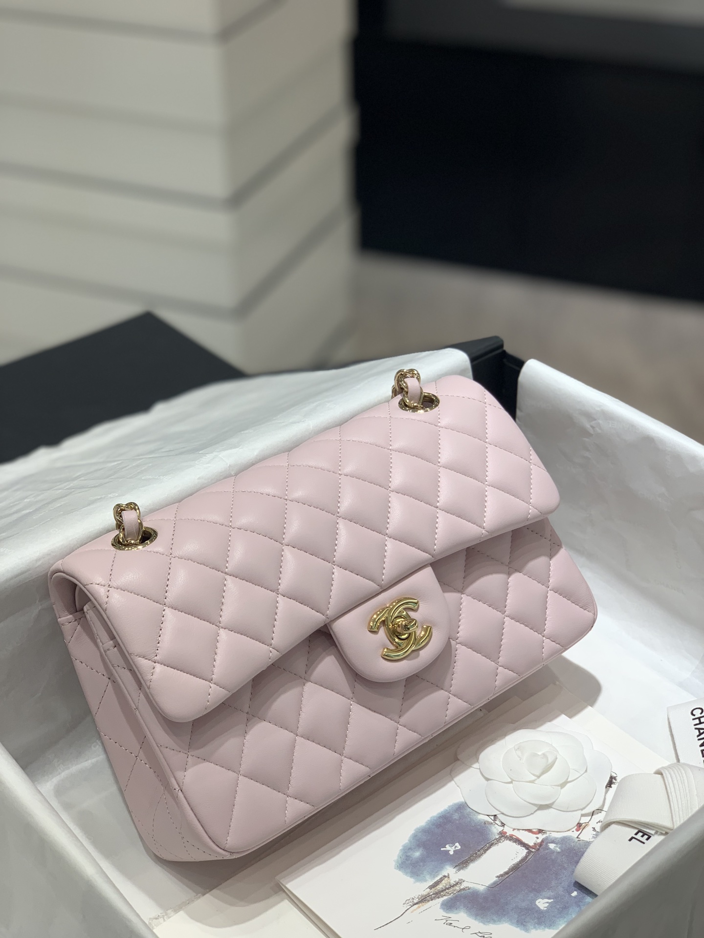 Bagsaaa Ch**el Mini Flap Bag Pink Lambskin & Gold - 20cm