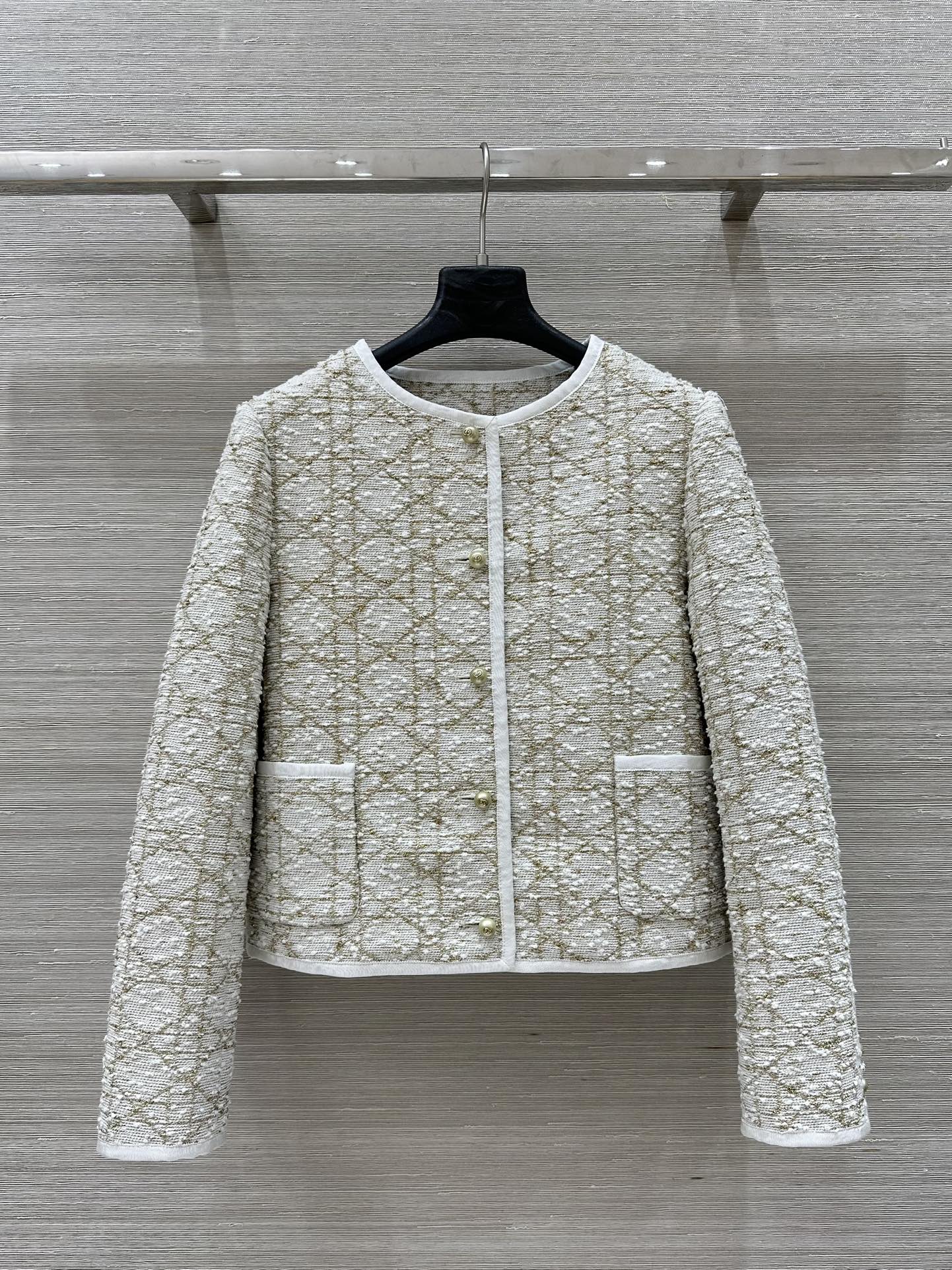 Bagsaaa D10r Or Macrocannage Jacket White and Gold-Tone Cotton-Blend Tweed
