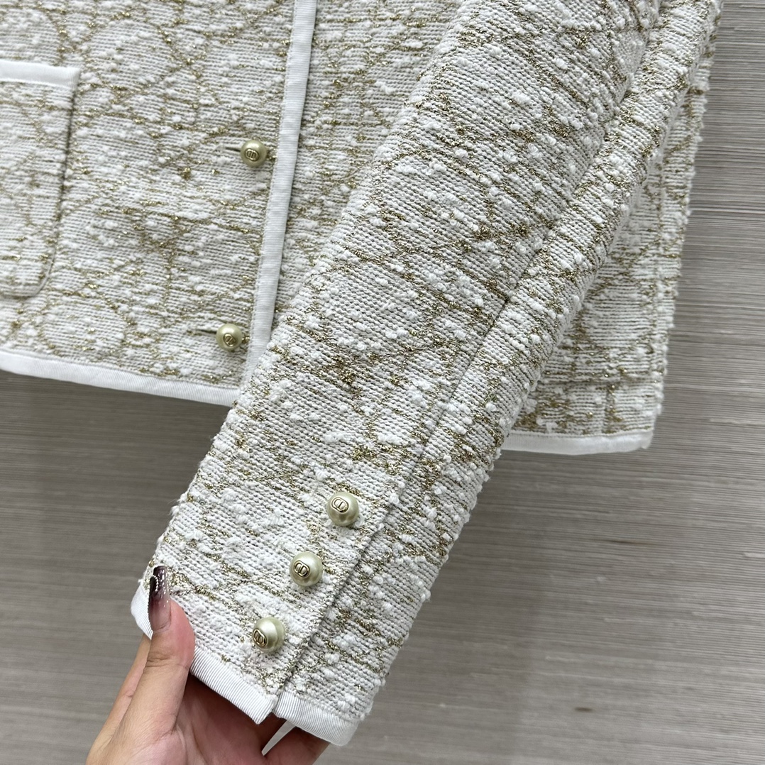 Bagsaaa D10r Or Macrocannage Jacket White and Gold-Tone Cotton-Blend Tweed