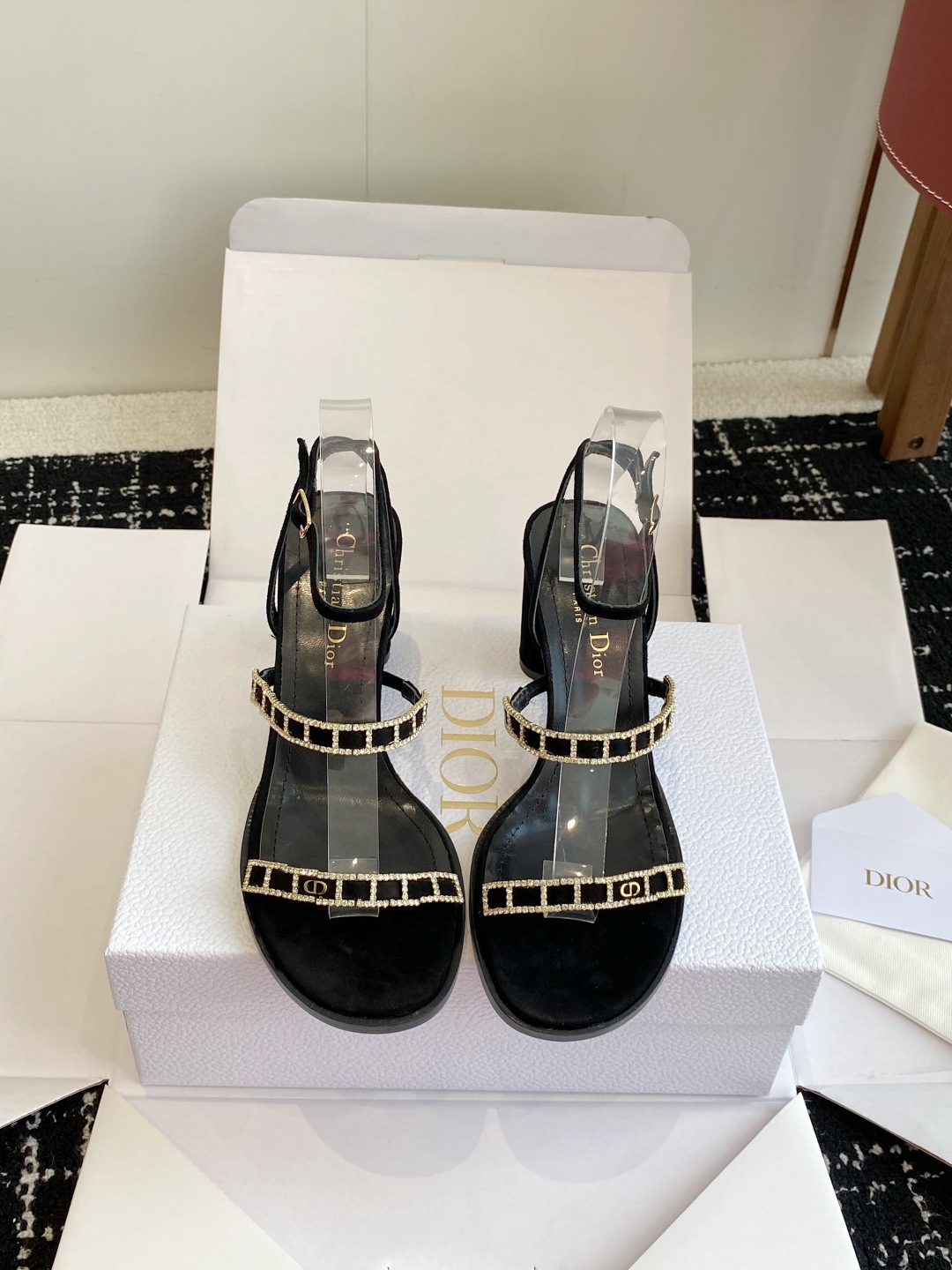 Bagsaaa D10rissime Heeled Sandal Black Suede Goatskin and Silver-Tone Strass 8cm