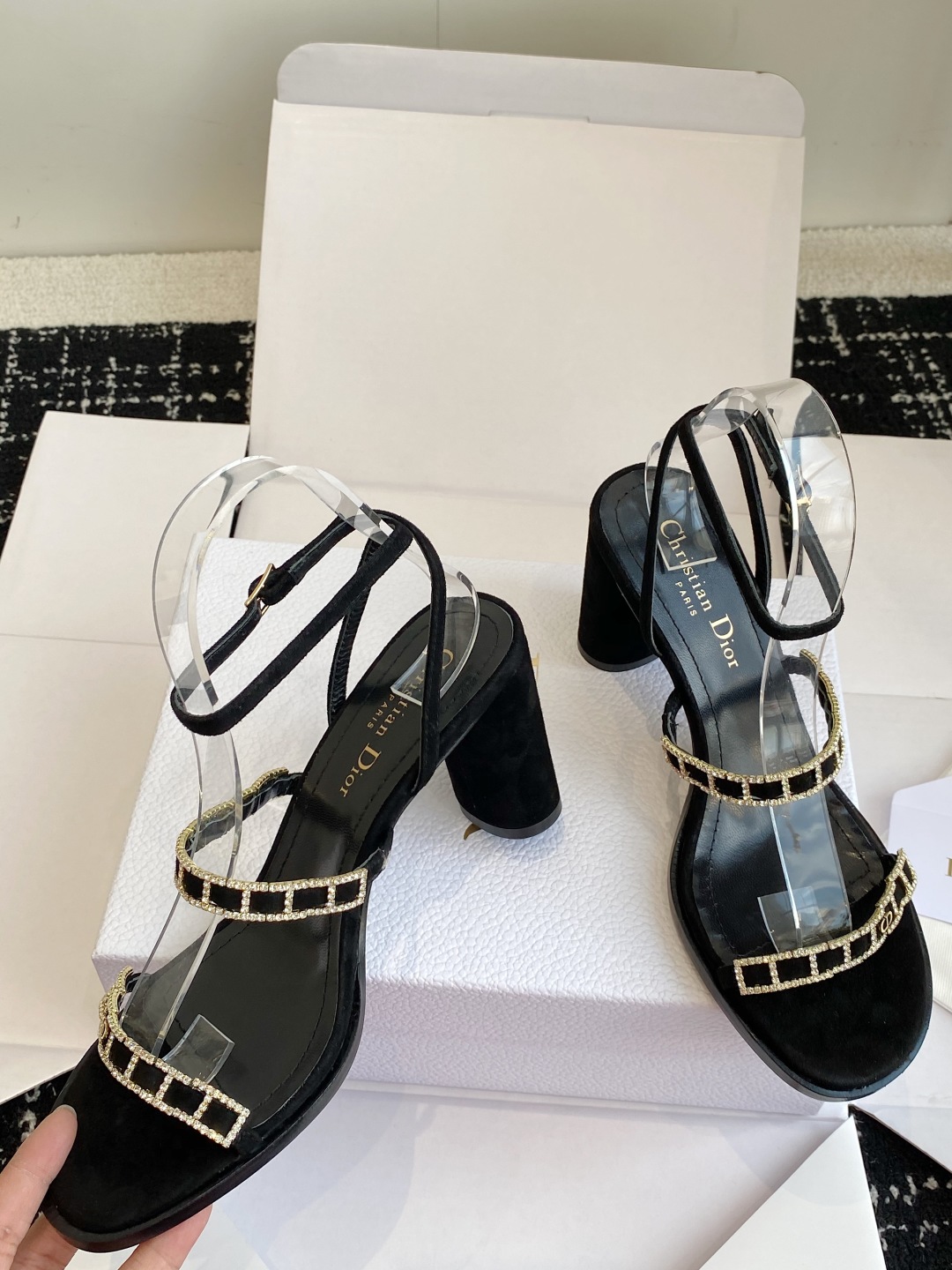 Bagsaaa D10rissime Heeled Sandal Black Suede Goatskin and Silver-Tone Strass 8cm