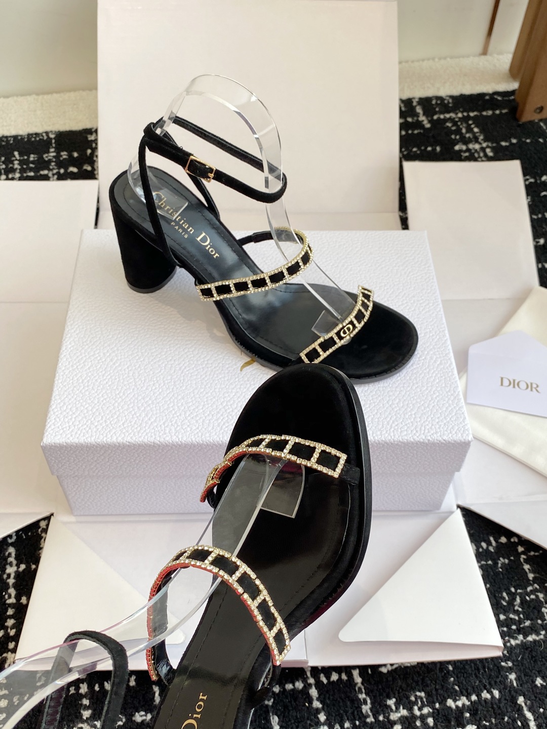 Bagsaaa D10rissime Heeled Sandal Black Suede Goatskin and Silver-Tone Strass 8cm