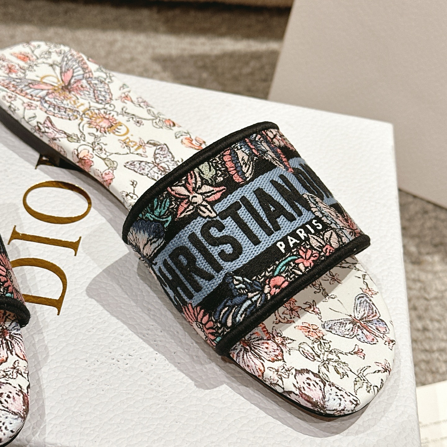 Bagsaaa Dway Slide Embroidered Cotton and White Multicolor Toile de Jouy Papillon Motif