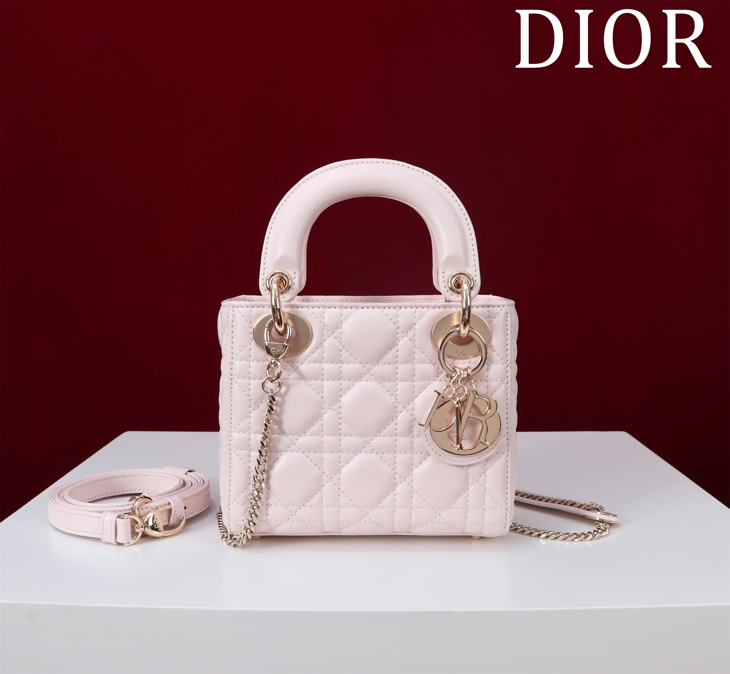 Bagsaaa Mini Lady D10r Bag Blush Pink Cannage Lambskin - 17cm
