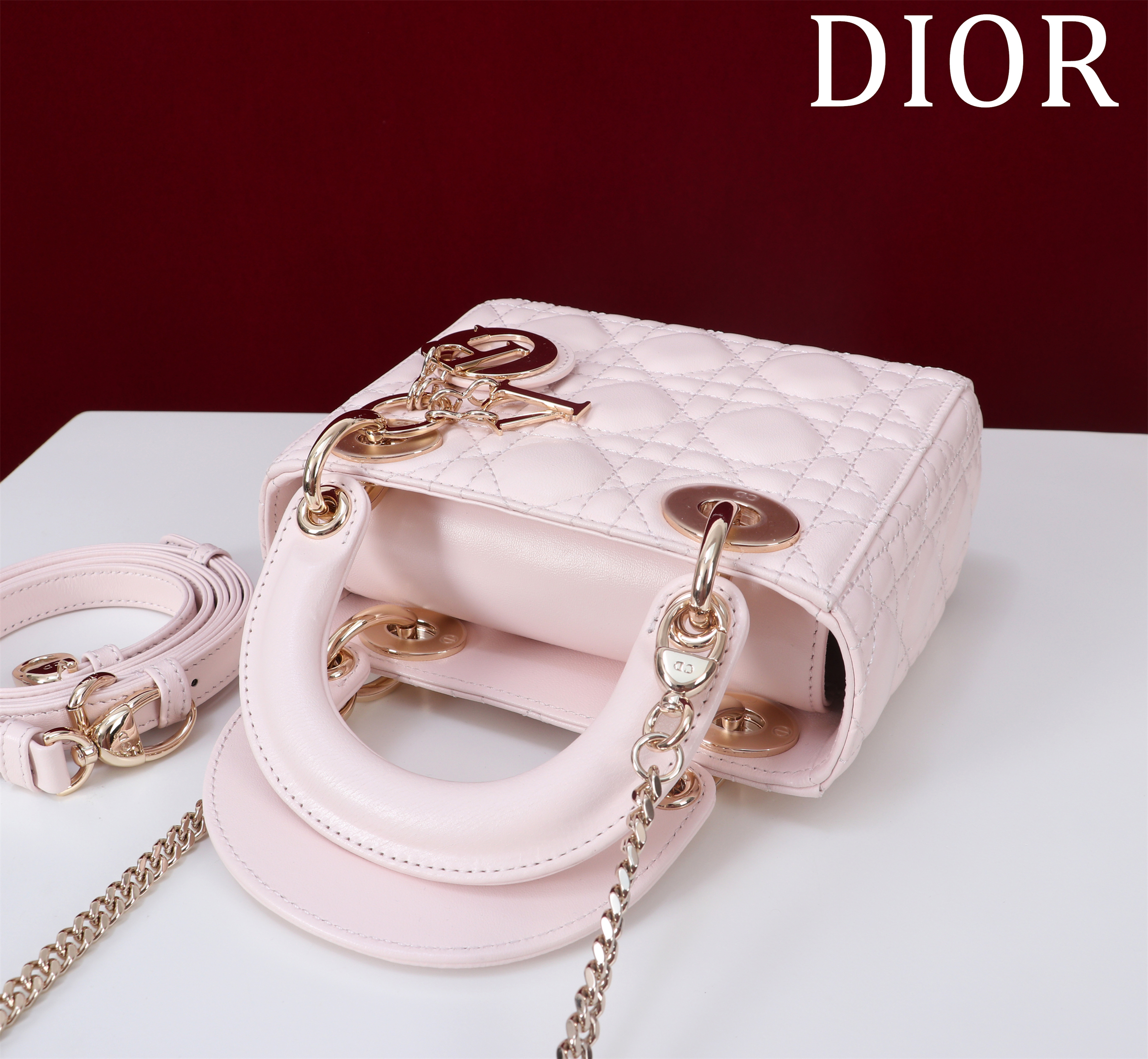 Bagsaaa Mini Lady D10r Bag Blush Pink Cannage Lambskin - 17cm