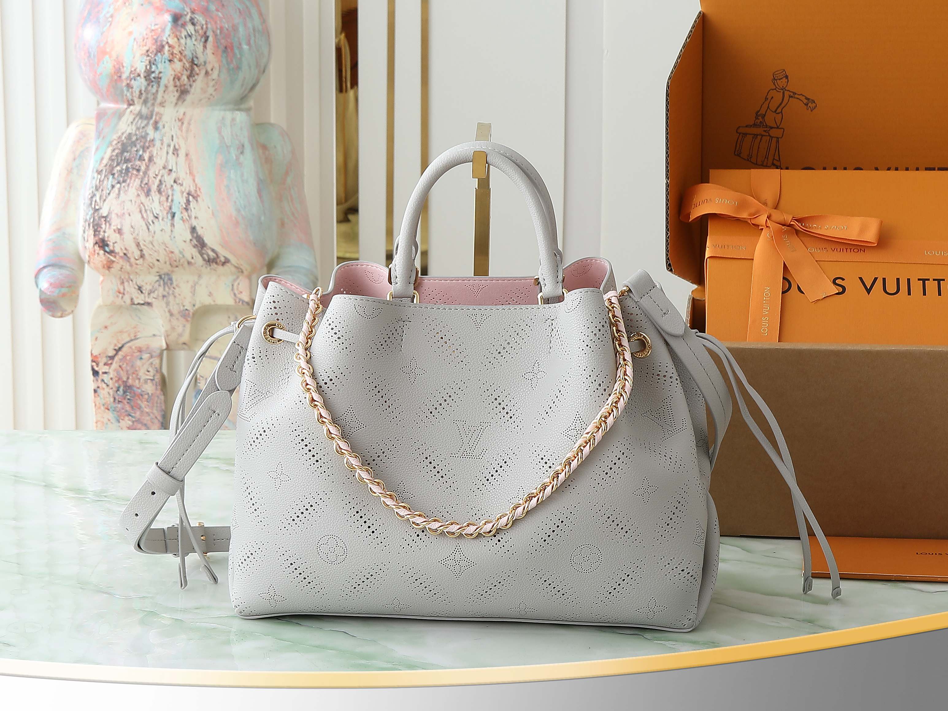 Bagsaaa LV M13838 Bella Tote Gray & Pink - 32cm