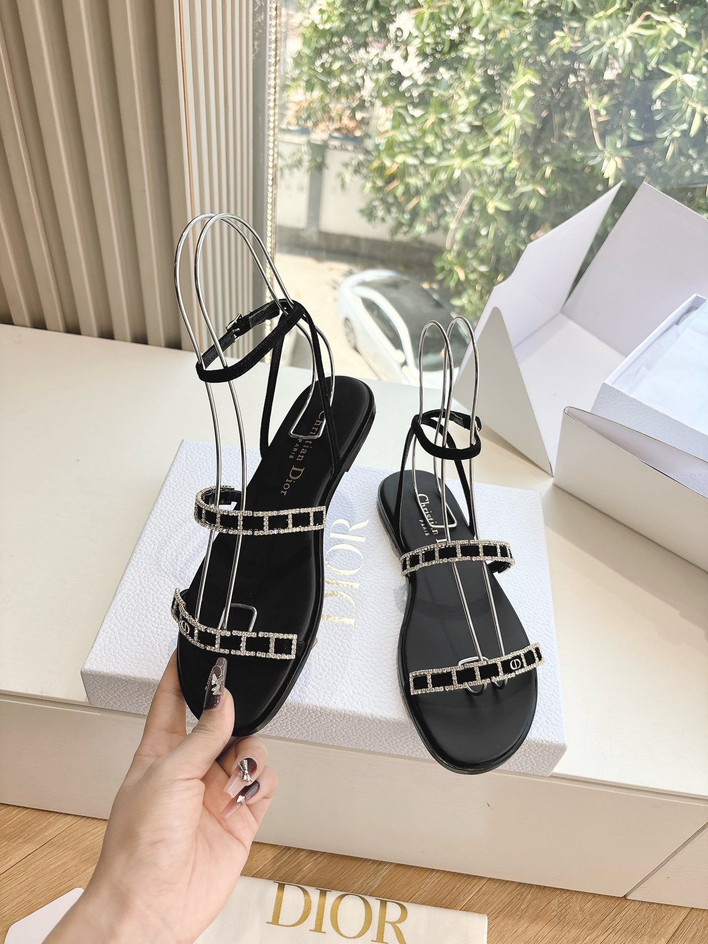 Bagsaaa D10rissime Sandal Black Suede Goatskin and Silver-Tone Strass