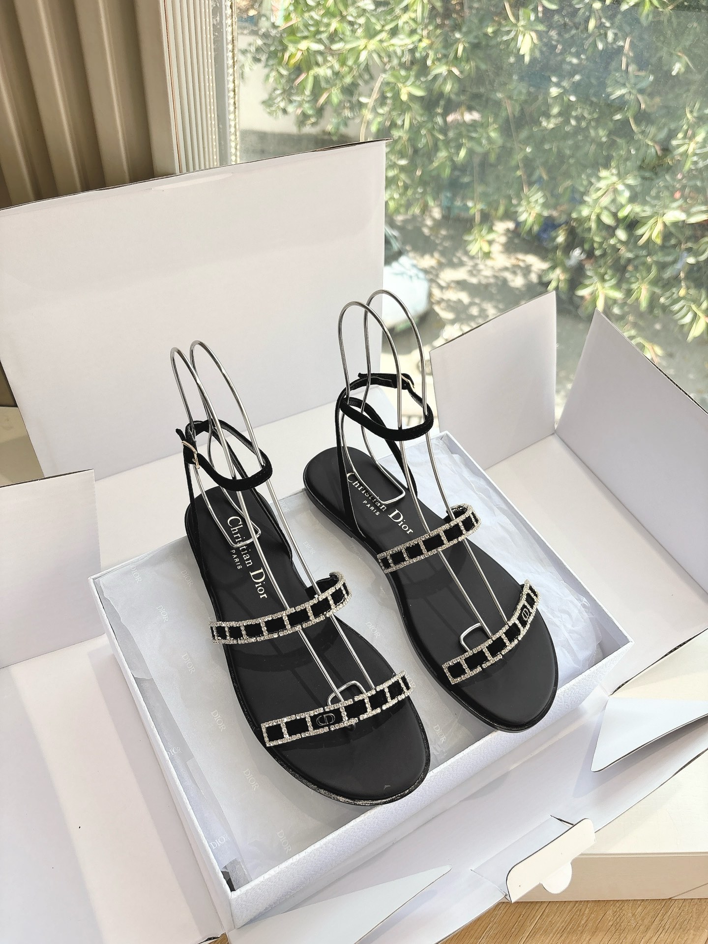 Bagsaaa D10rissime Sandal Black Suede Goatskin and Silver-Tone Strass
