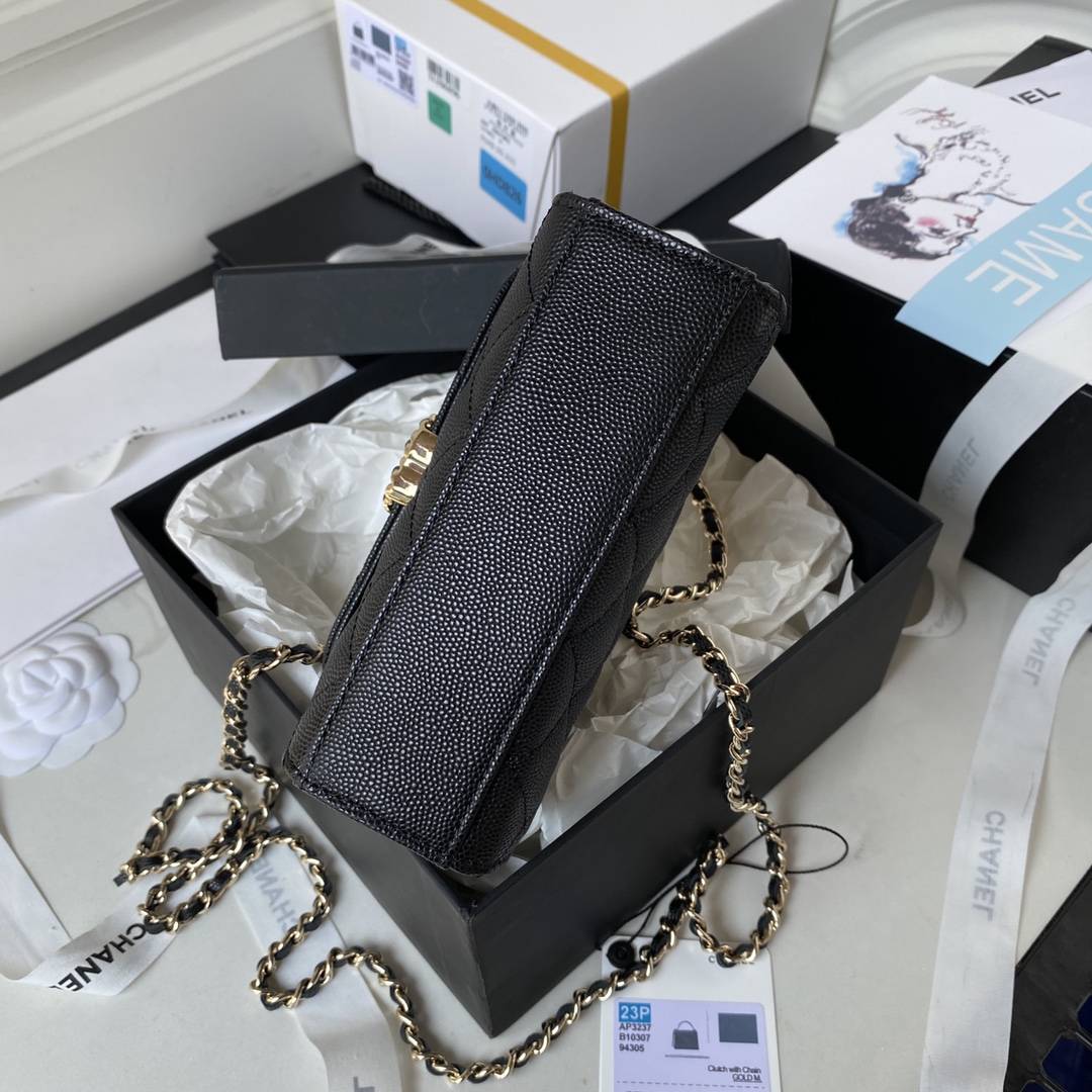 Bagsaaa Ch**el Clutch With Chain AP3237 Black Grained - 15cm