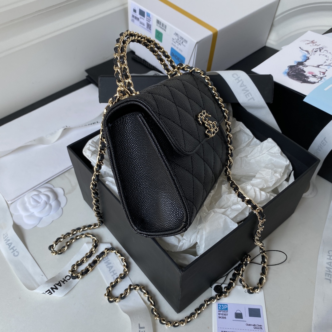 Bagsaaa Ch**el Clutch With Chain AP3237 Black Grained - 15cm