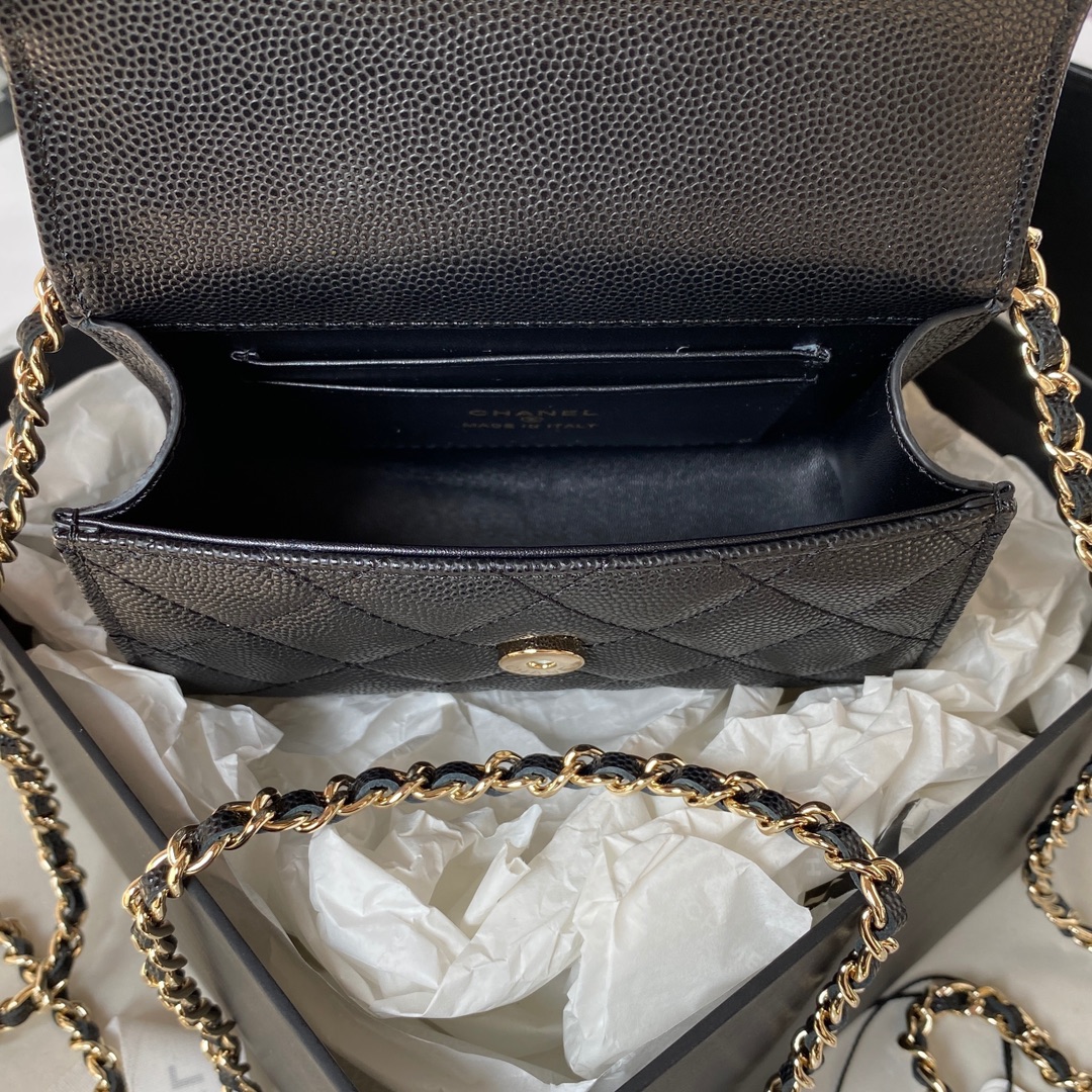 Bagsaaa Ch**el Clutch With Chain AP3237 Black Grained - 15cm