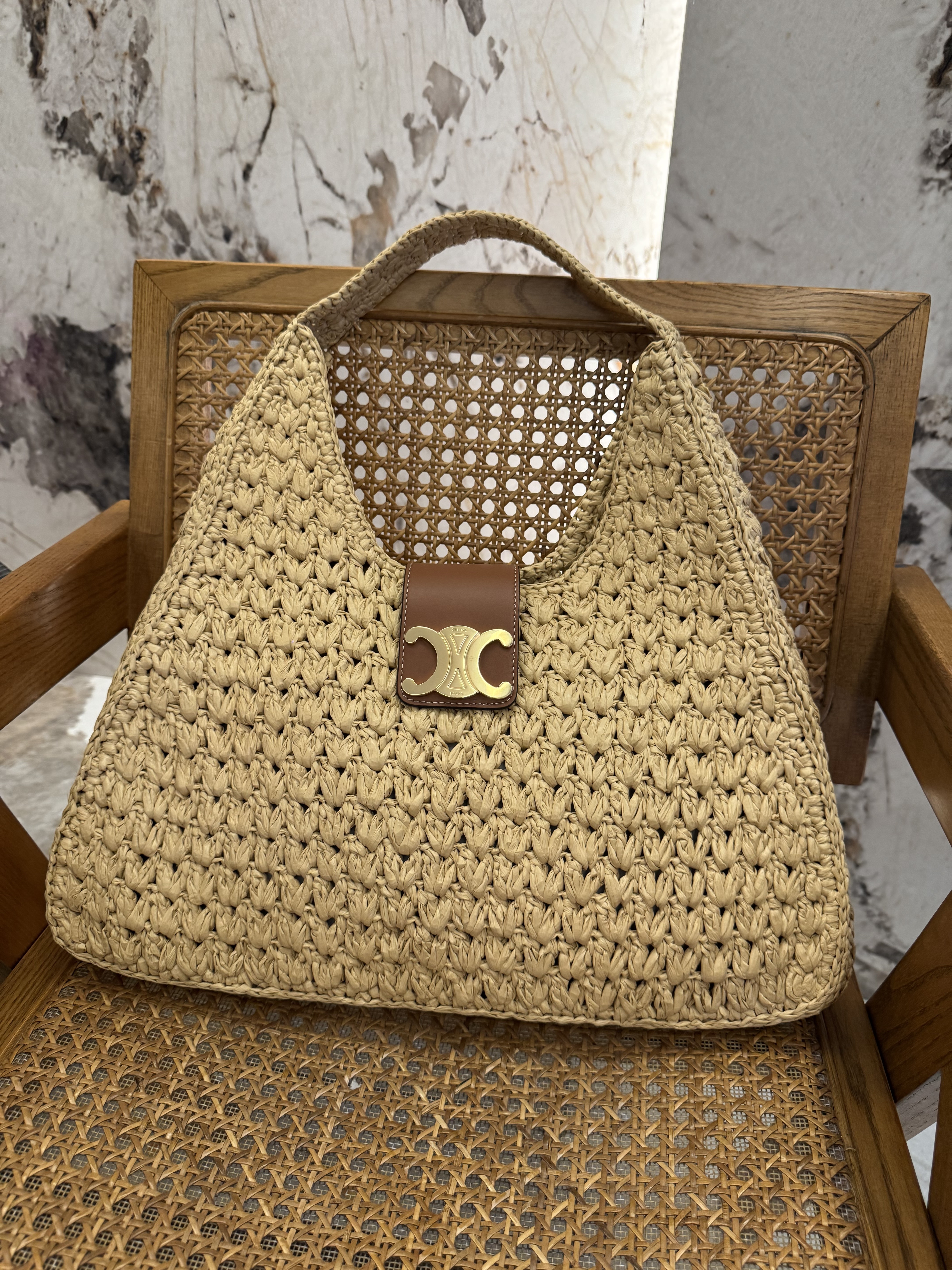 Bagsaaa Ce1i*e Cabas Triangle In Raffia And Calfskin 119772 - 45cm