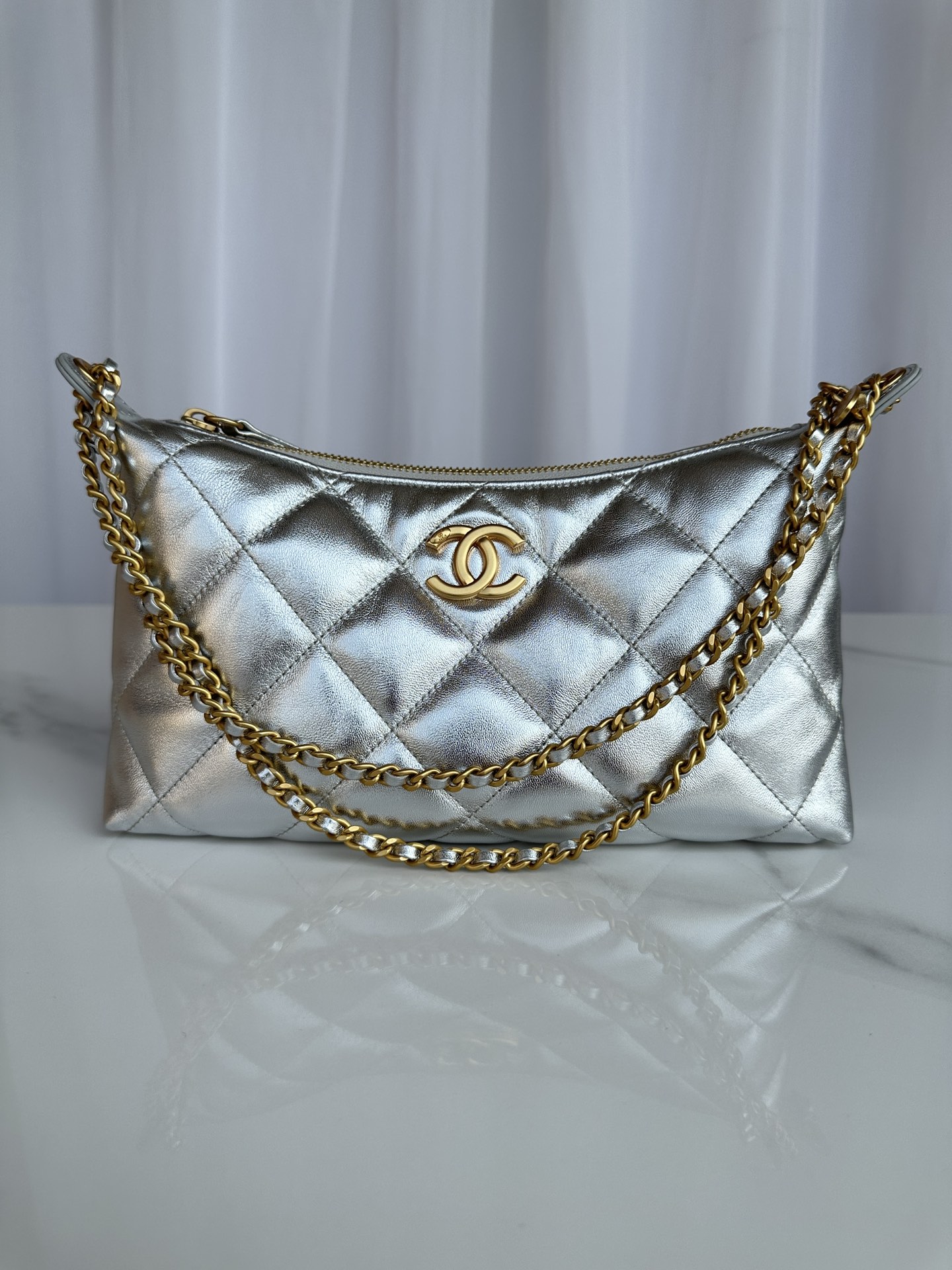 Bagsaaa Ch**el Hobo Handbag AS5528 Silver - 26cm