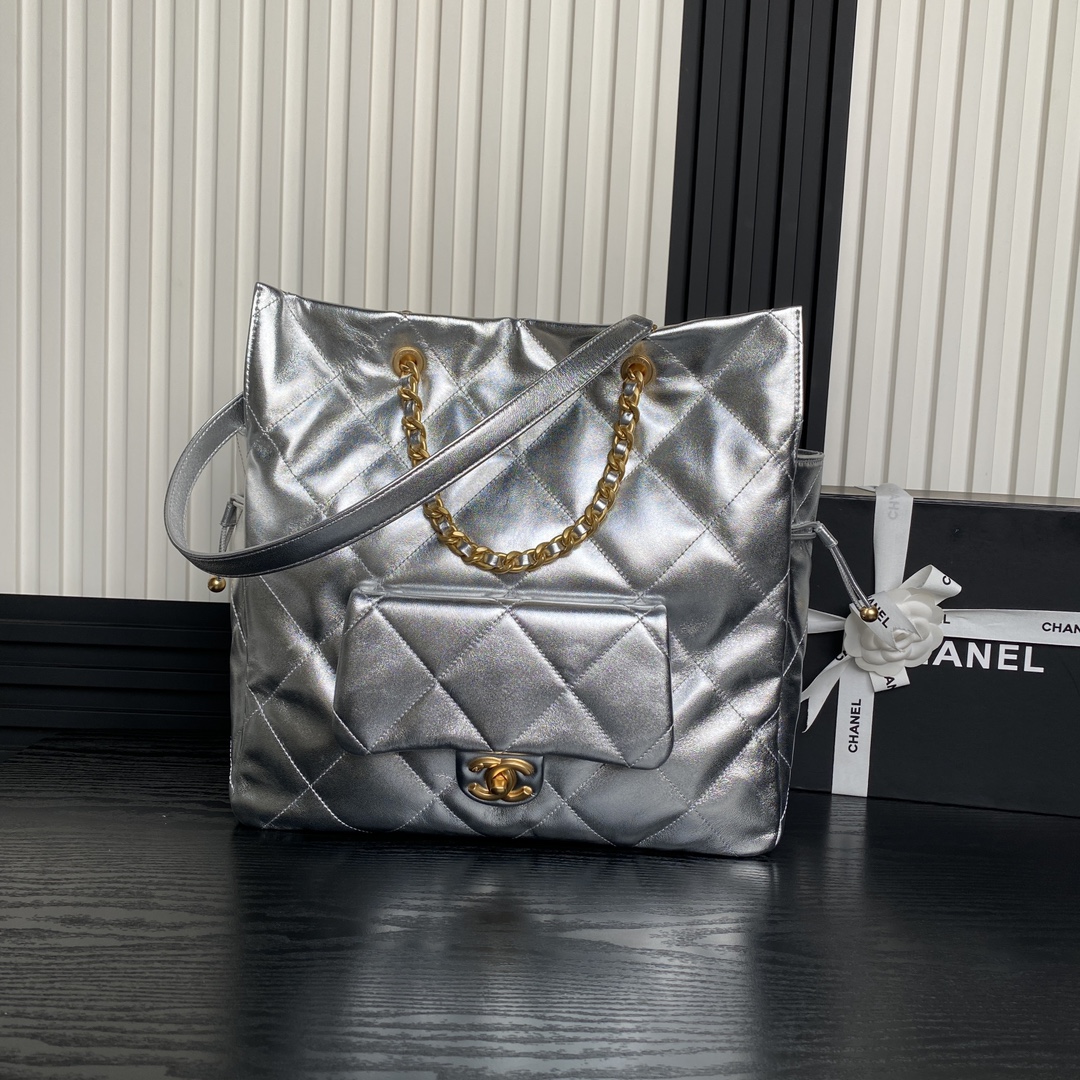 Bagsaaa Ch**el Shopping Bag AS5315 Silver Lambskin - 34 x 36 x 12cm