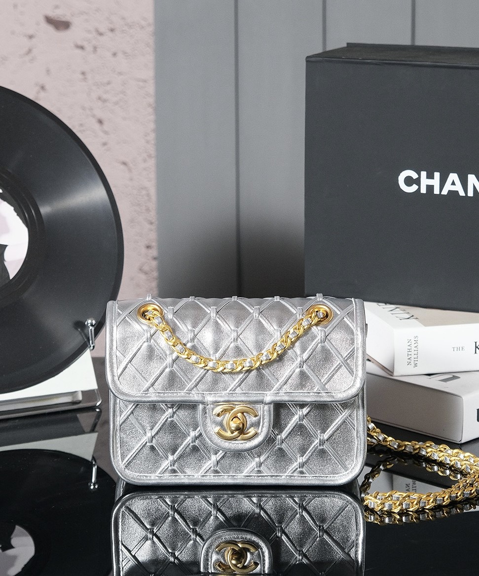 Bagsaaa Bagsaaa Ch**el Mini Flap Bag AS4797 Silver - 19cm