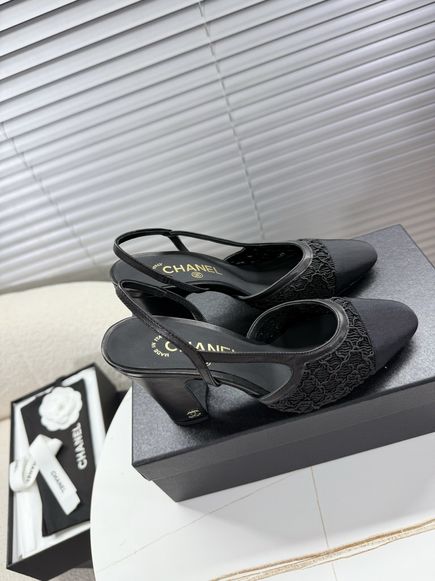 Bagsaaa Ch**el Slingbacks G45509 Black Embroidery & Grosgrain