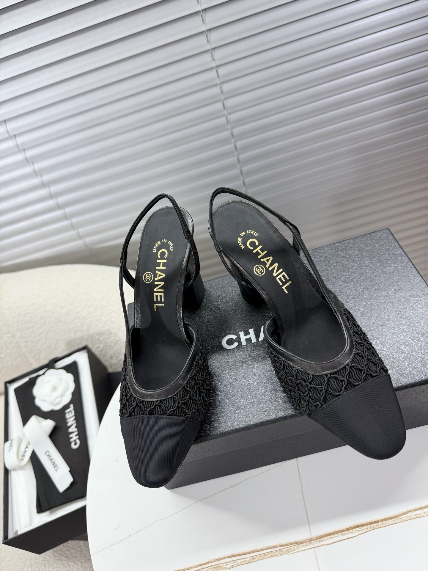 Bagsaaa Ch**el Slingbacks G45509 Black Embroidery & Grosgrain