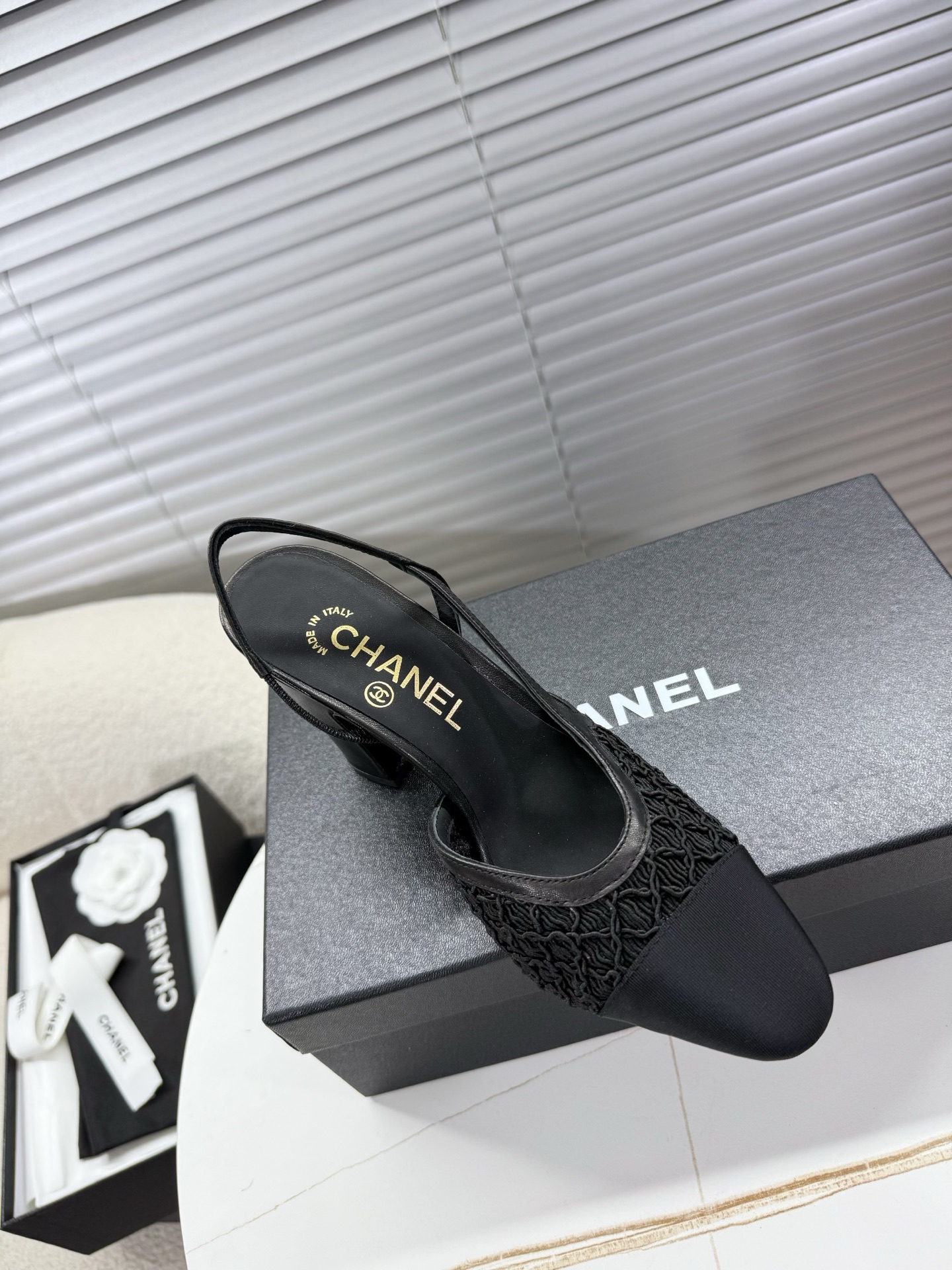 Bagsaaa Ch**el Slingbacks G45509 Black Embroidery & Grosgrain