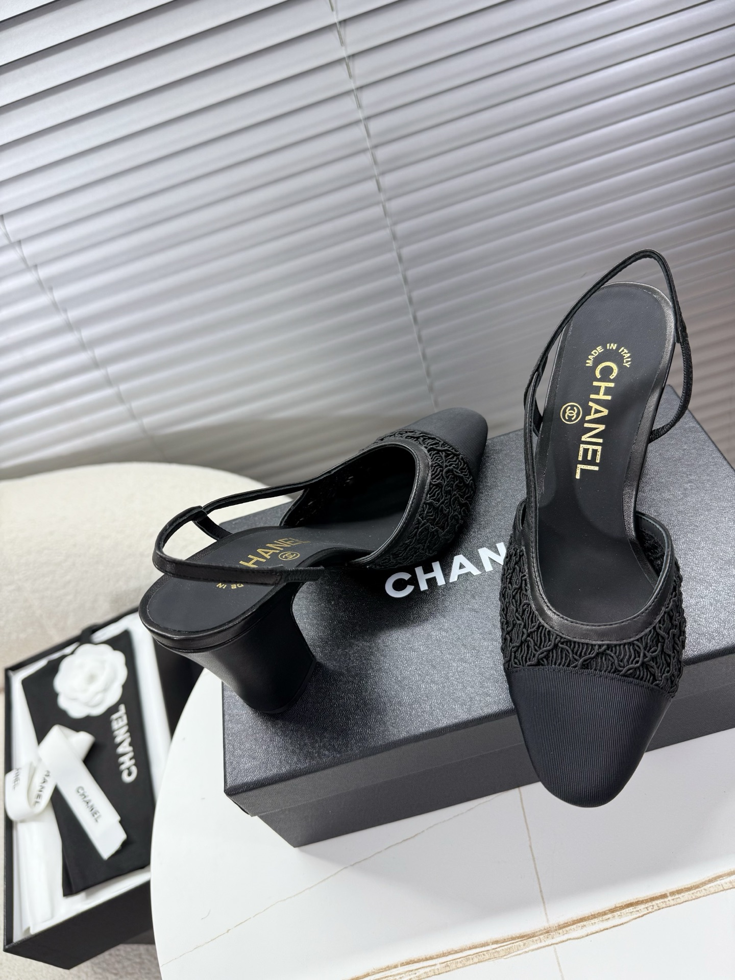 Bagsaaa Ch**el Slingbacks G45509 Black Embroidery & Grosgrain