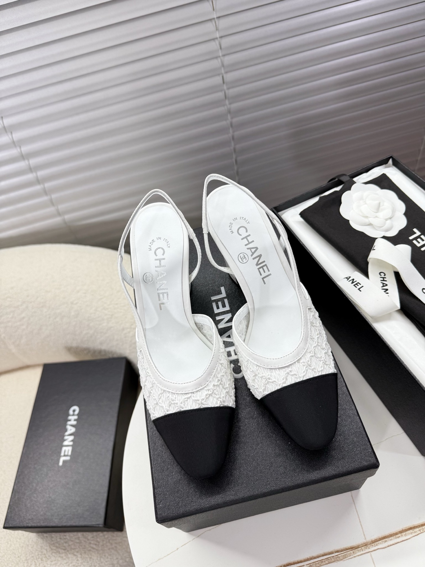 Bagsaaa Ch**el Slingbacks G45509 White Embroidery & Grosgrain