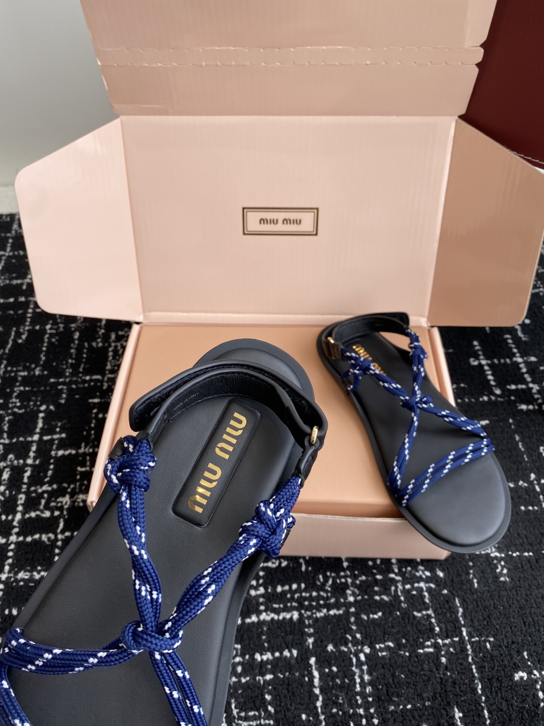 Bagsaaa Miu Miu Riviere cord and leather sandals Blue