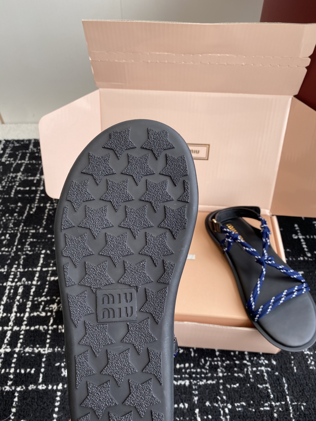 Bagsaaa Miu Miu Riviere cord and leather sandals Blue