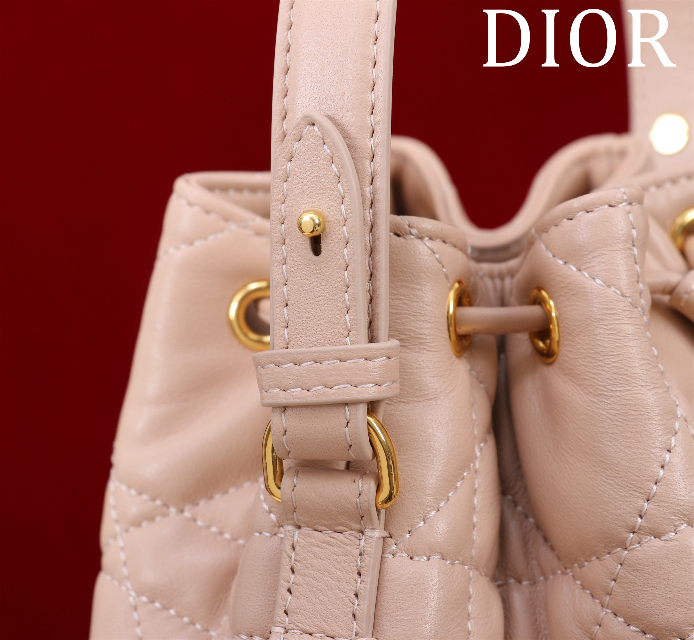 Bagsaaa Small D10r Caro Bucket Bag Powder Pink Macrocannage Lambskin - 24cm