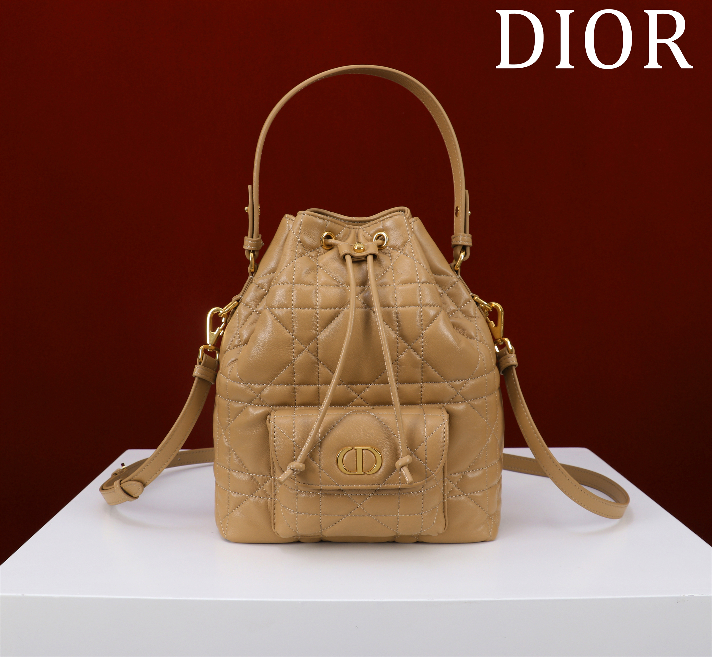 Bagsaaa Small D10r Caro Bucket Bag Brown Macrocannage Lambskin - 24cm