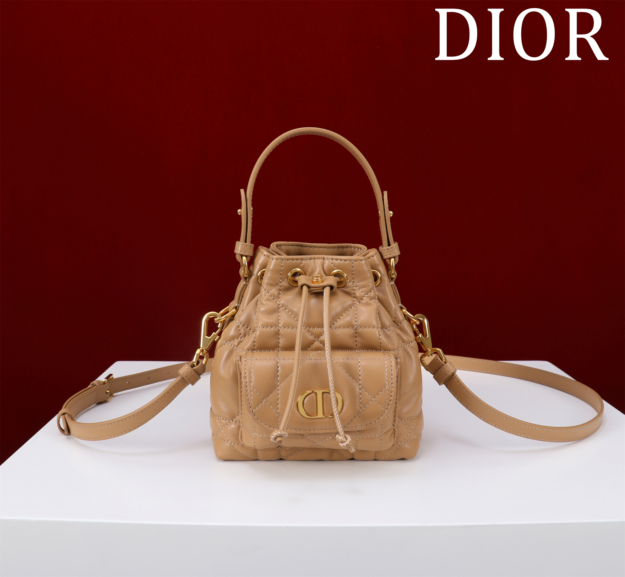 Bagsaaa D10r Caro Nano Bucket Bag Brown Macrocannage Lambskin - 15cm