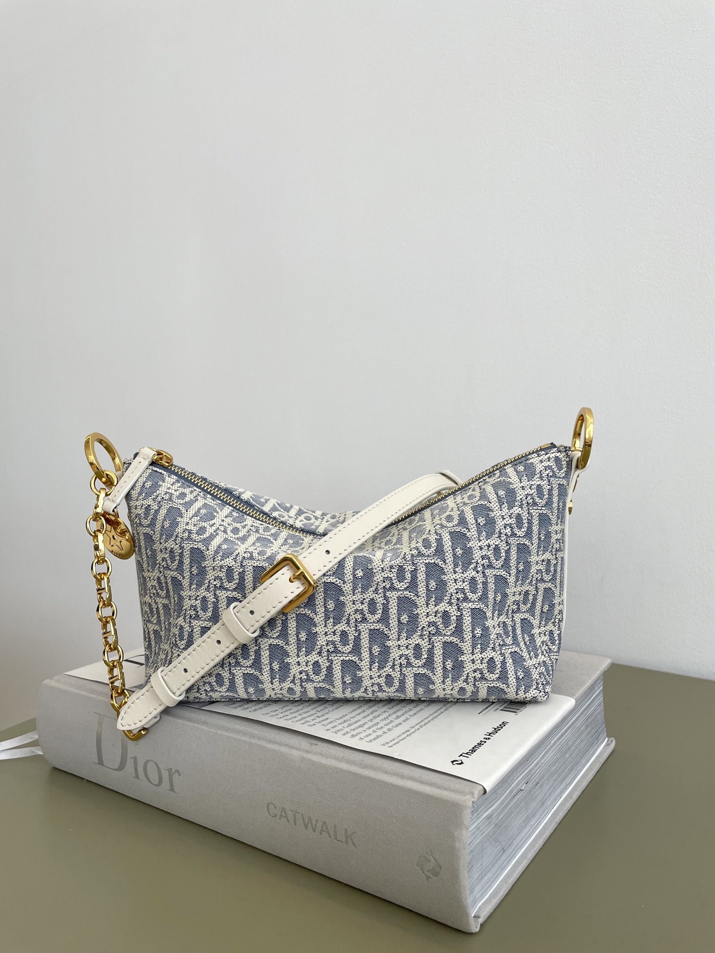 Bagsaaa D10rstar Hobo Bag with Chain Blue D10r Oblique Chambray with Raffia Effect and Light Biscuit Smooth Calfskin - 22cm