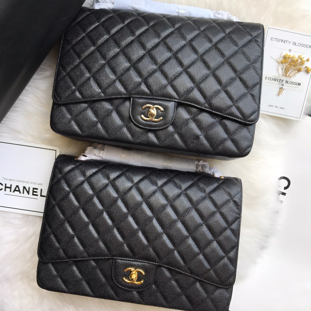 Bagsaaa Ch**el Maxi Classic Handbag Black Grained Calfskin A58601 - 33cm