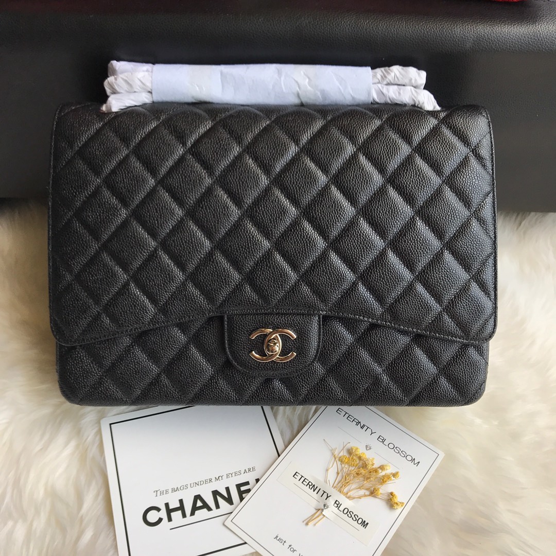 Bagsaaa Ch**el Maxi Classic Handbag Black Grained Calfskin A58601 - 33cm