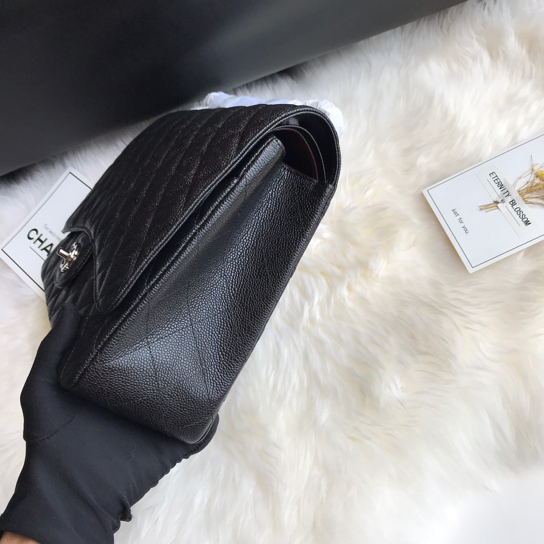 Bagsaaa Ch**el Maxi Classic Handbag Black Grained Calfskin A58601 - 33cm