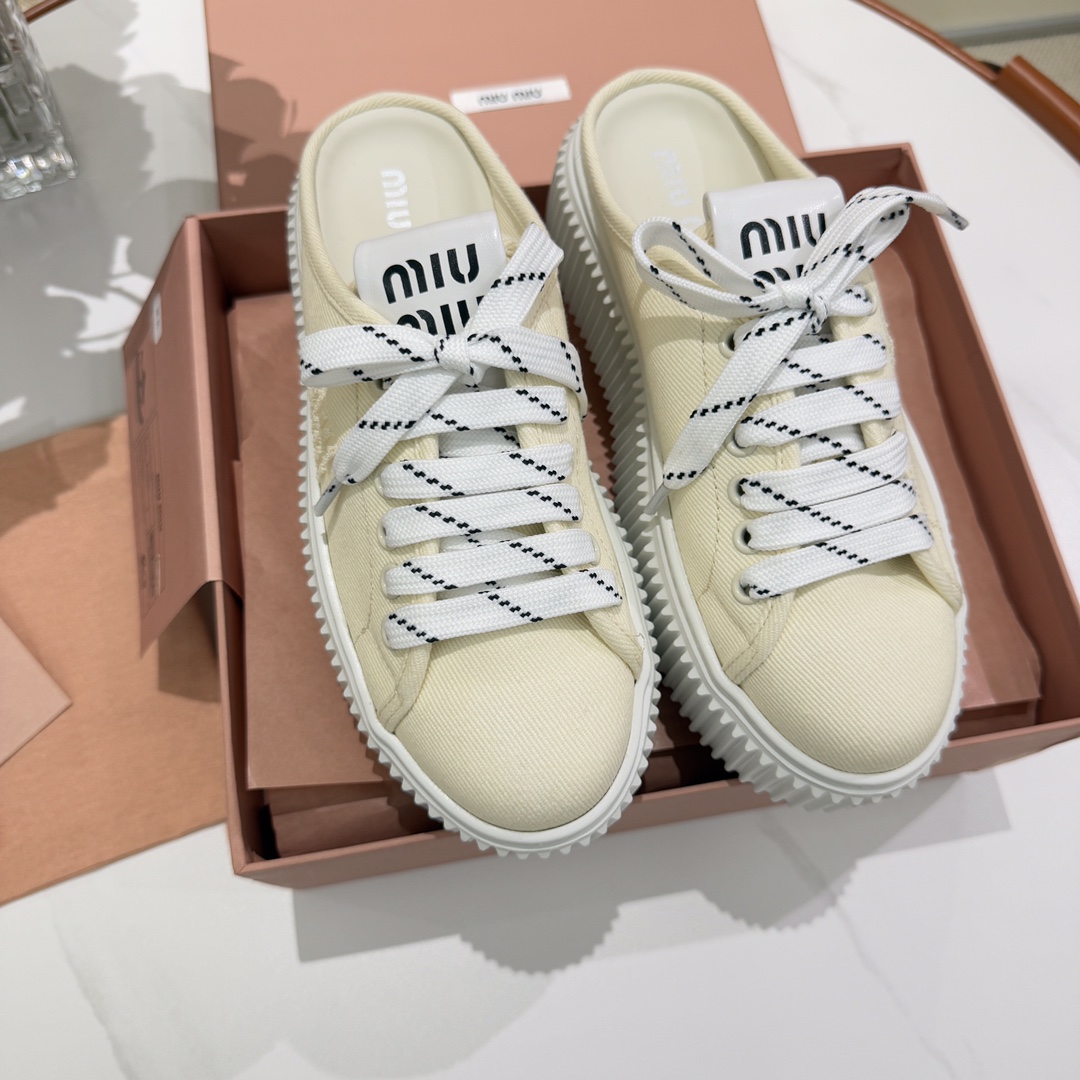 Bagsaaa Miu Miu Denim sneaker mules ivory