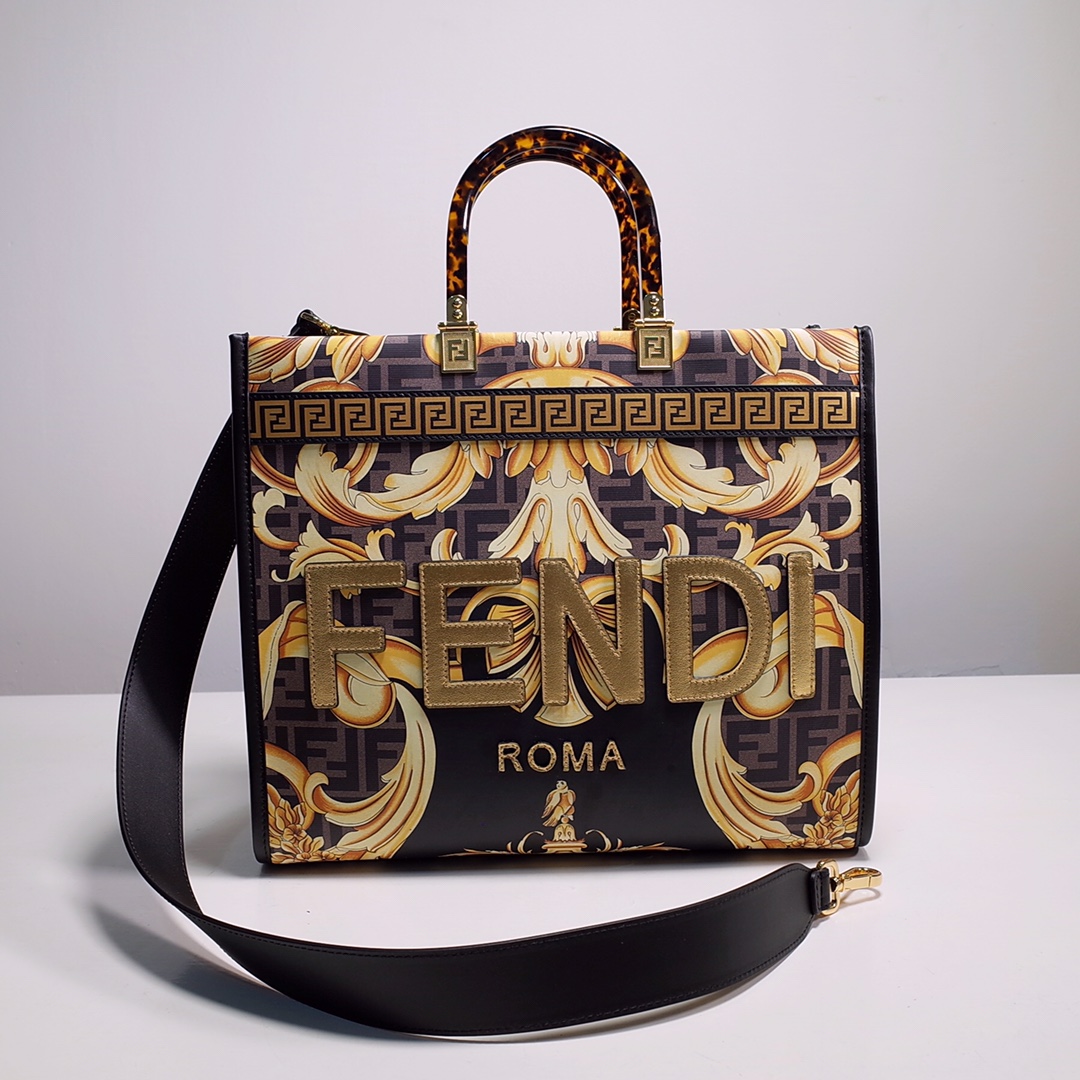 Bagsaaa F**di Brown Fendace Baroque Print Sunshine Shopper Tote - 35cm