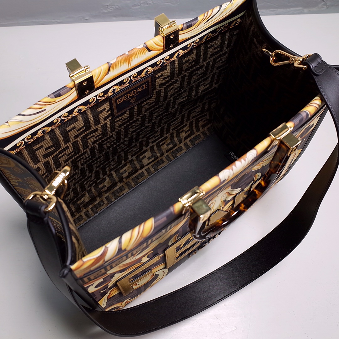 Bagsaaa F**di Brown Fendace Baroque Print Sunshine Shopper Tote - 35cm