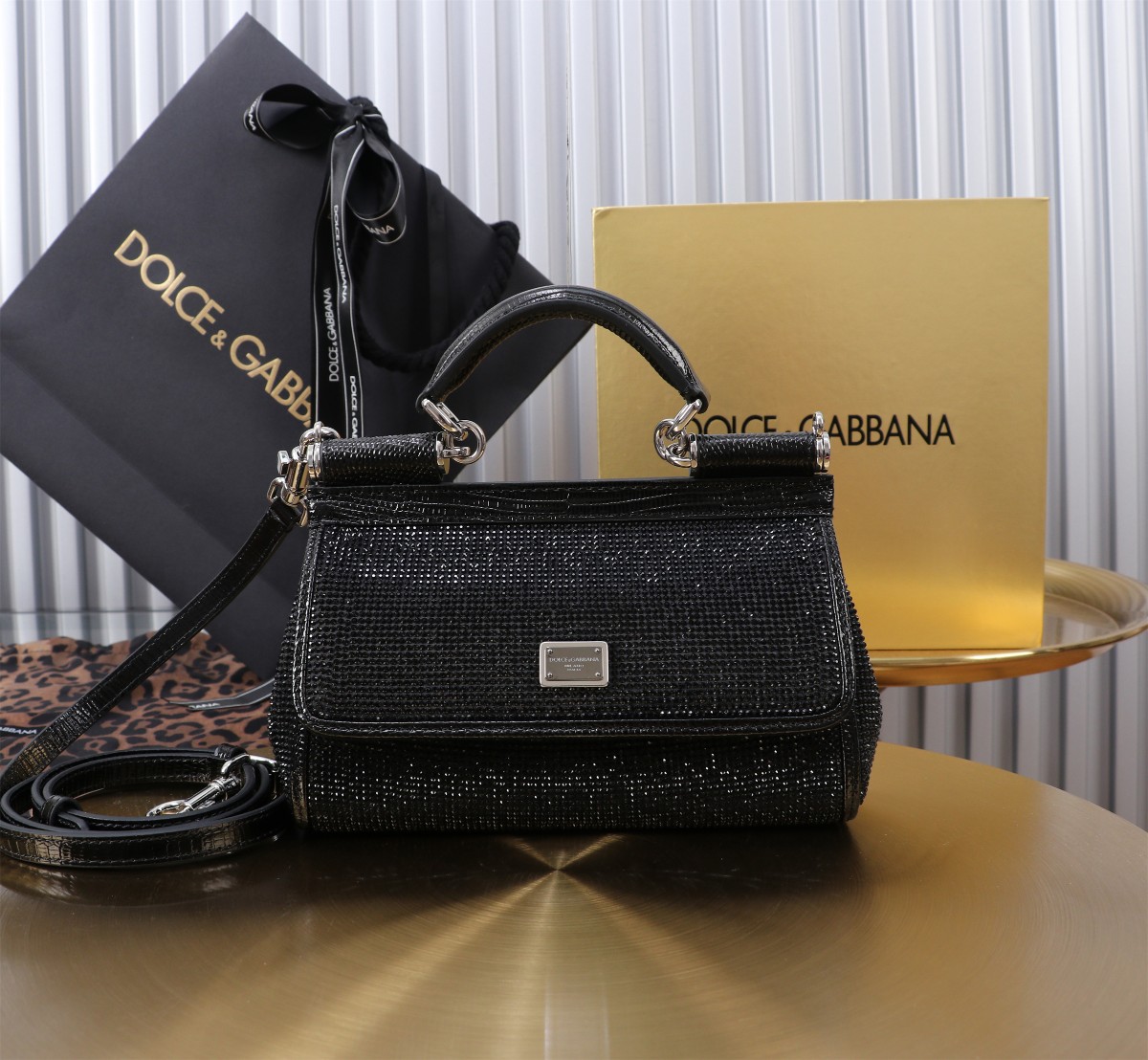 Bagsaaa Small Sicily bag in satin with all-over rhinestones black - 19cm
