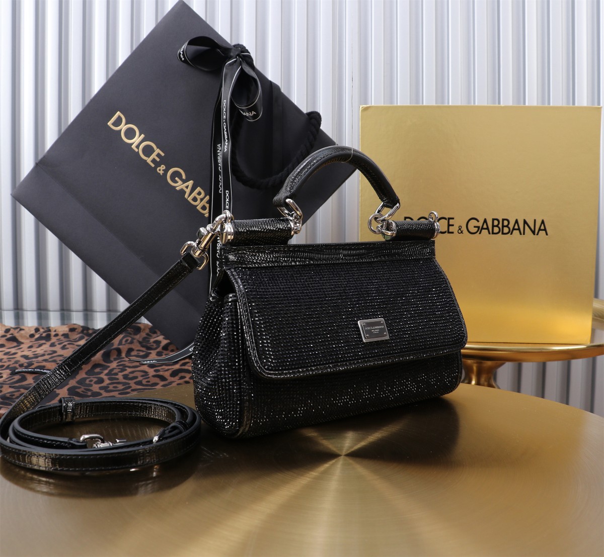 Bagsaaa Small Sicily bag in satin with all-over rhinestones black - 19cm