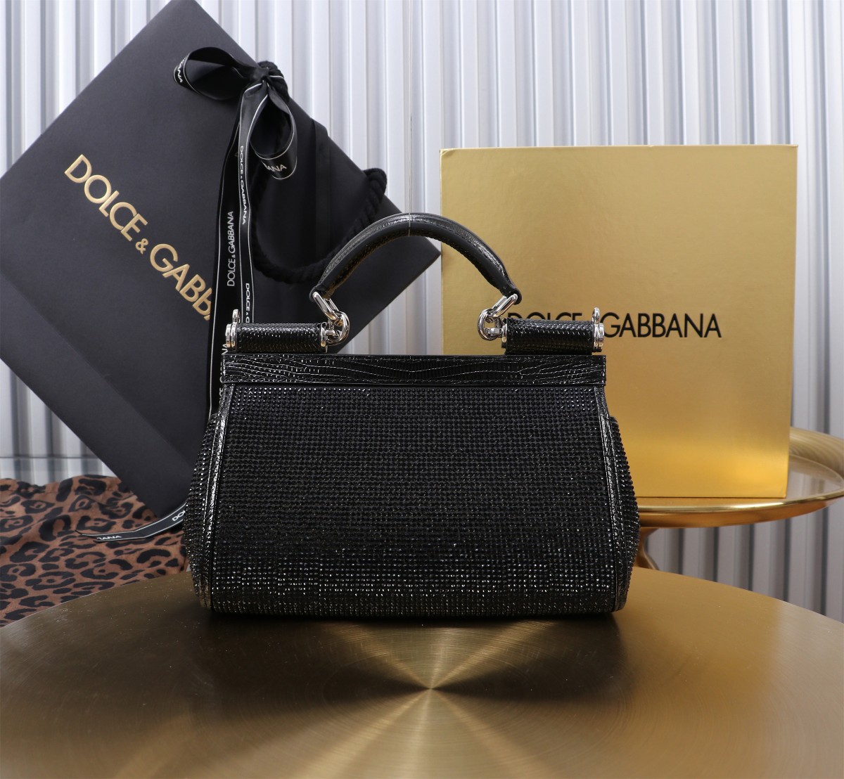 Bagsaaa Small Sicily bag in satin with all-over rhinestones black - 19cm