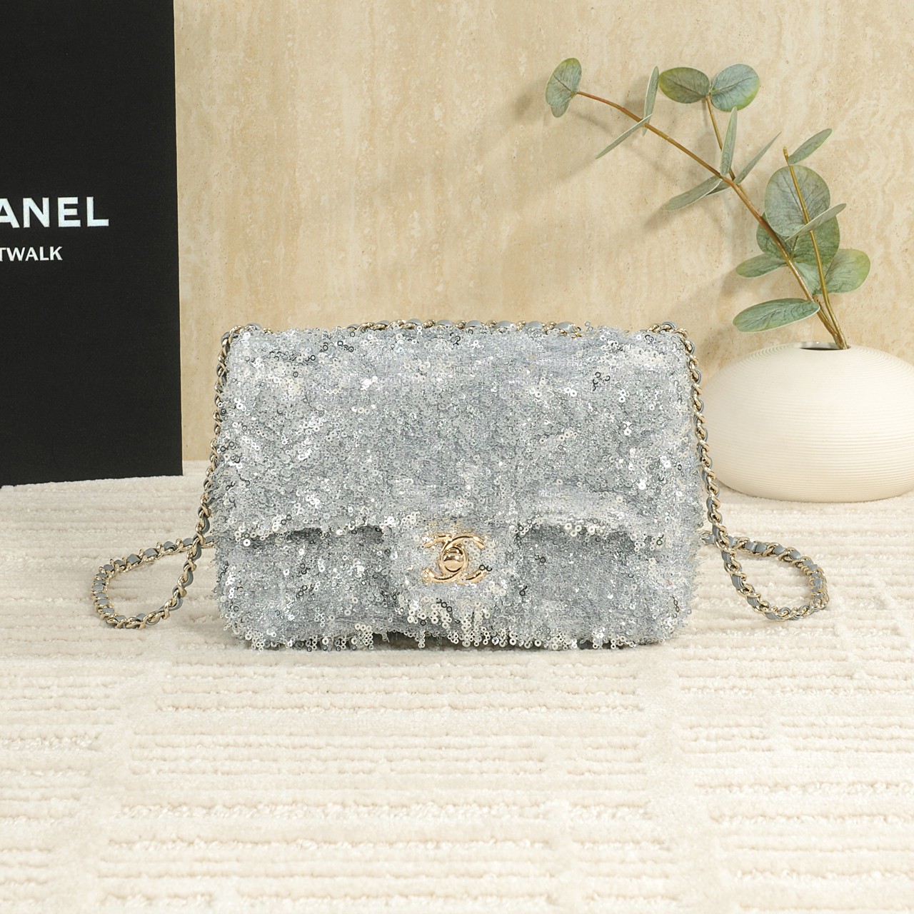 Bagsaaa Ch**el Flap Bag Silver Sequins AS4561 - 21cm