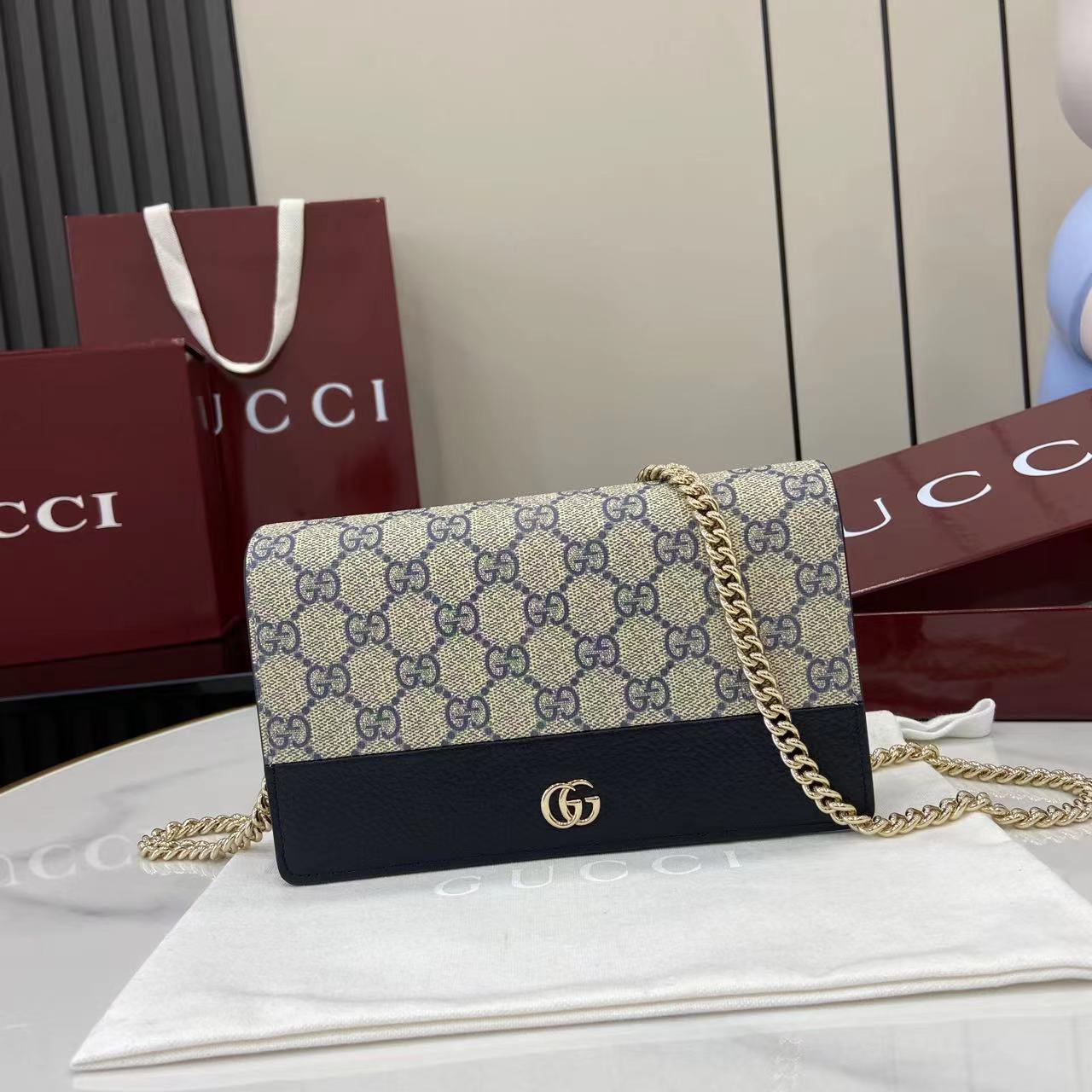 Bagsaaa Gvc*1 GG Marmont bi-color wallet on chain 497985 navy blue & beige - 20cm