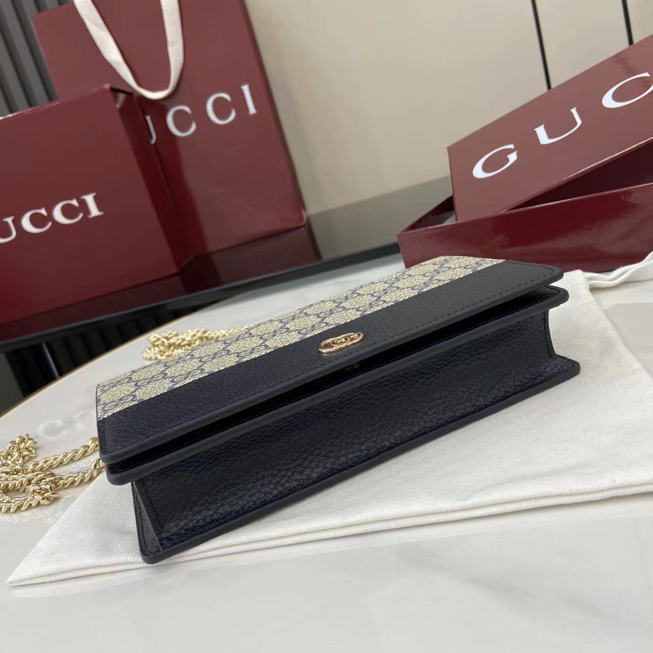 Bagsaaa Gvc*1 GG Marmont bi-color wallet on chain 497985 navy blue & beige - 20cm