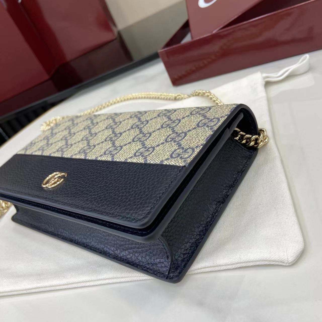 Bagsaaa Gvc*1 GG Marmont bi-color wallet on chain 497985 navy blue & beige - 20cm
