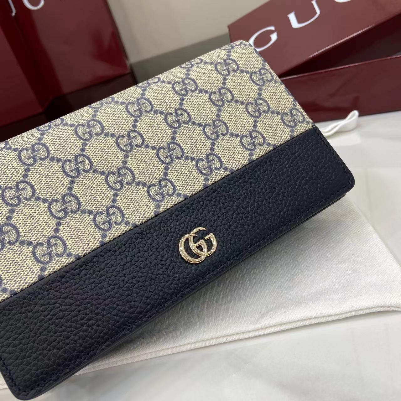 Bagsaaa Gvc*1 GG Marmont bi-color wallet on chain 497985 navy blue & beige - 20cm