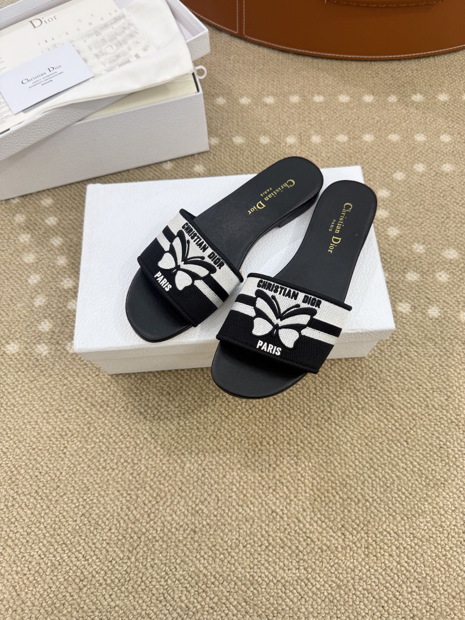 Bagsaaa Dway Slide Black and White Cotton Embroidered with Chr1st1an D10r Papillon Motif