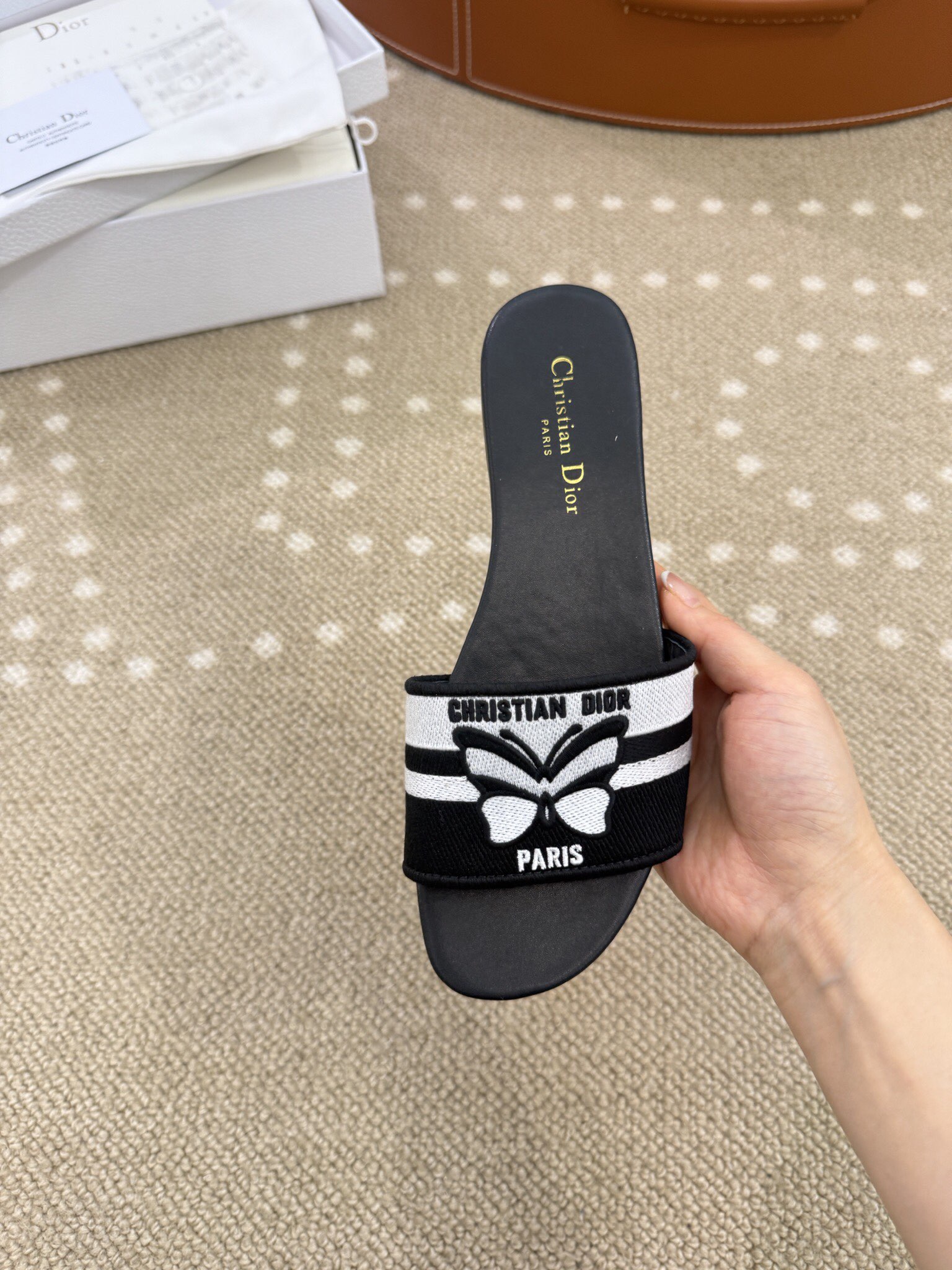 Bagsaaa Dway Slide Black and White Cotton Embroidered with Chr1st1an D10r Papillon Motif