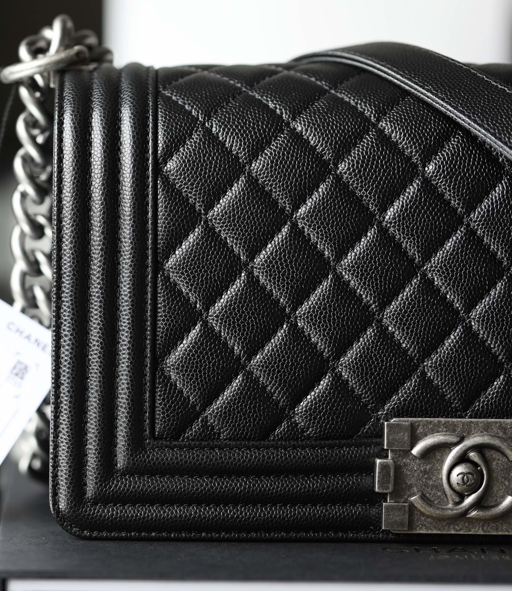 Bagsaaa Ch**el Boy Black Caviar & Silver Hardware - 25cm